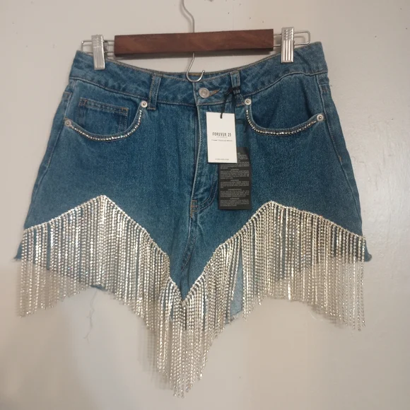 Forever 21 Women's Rhinestone Fringe Denim Shorts NWT - Picture 2 of 5